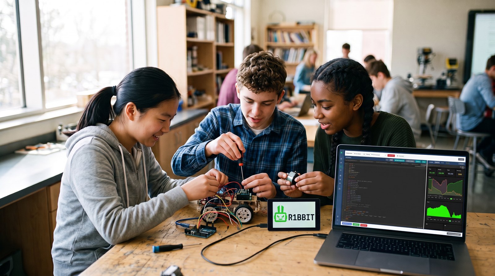 Students building a robot in class with the R1BBIT editor open on a laptop