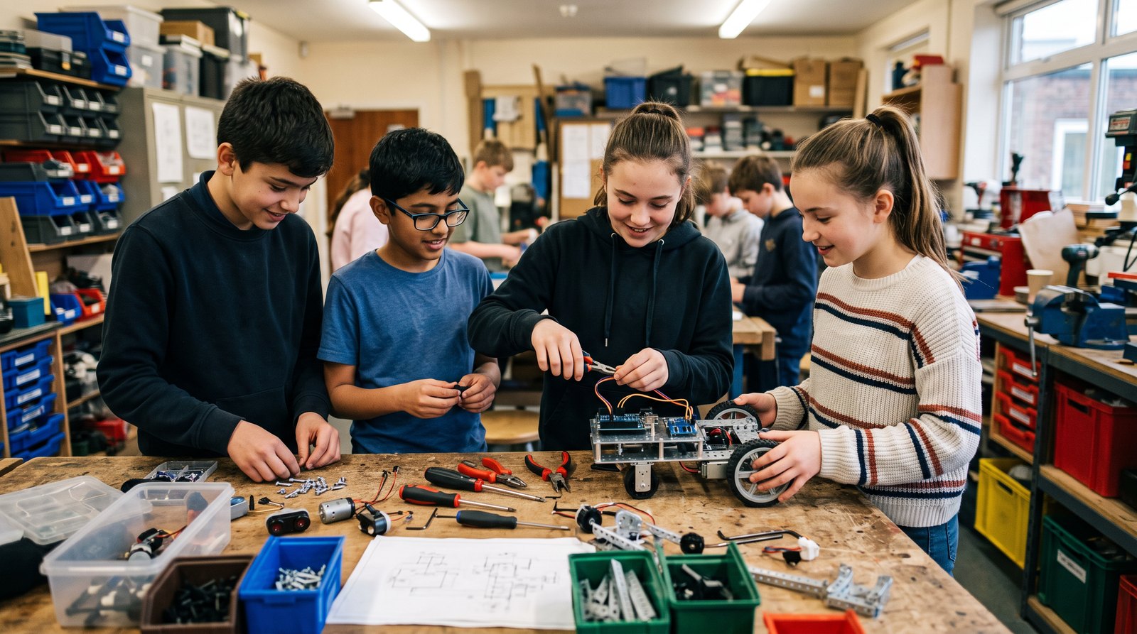 An after-school robotics club assembling a wheeled robot