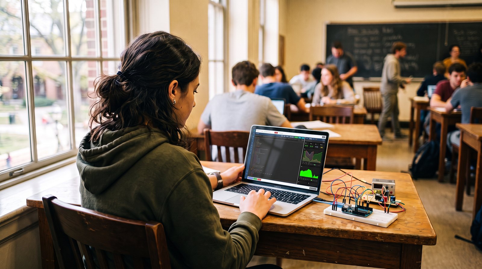 A student writing a script in the R1BBIT editor during a lesson