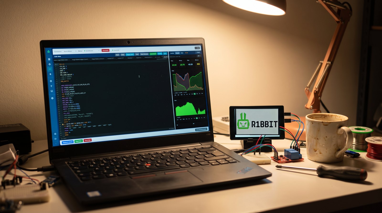 A home desk with the R1BBIT editor on a laptop and a device wired to a relay module