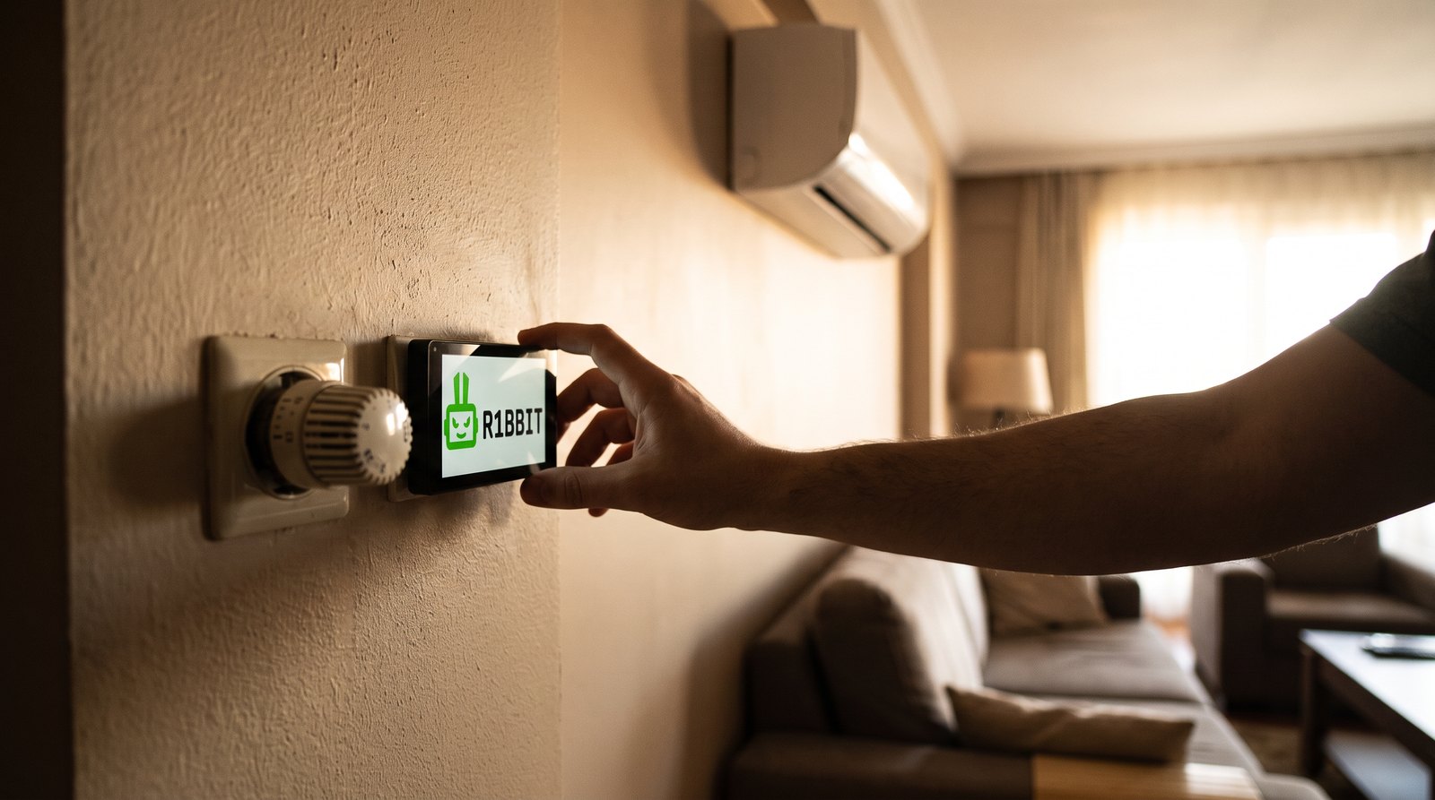An R1BBIT device mounted on a living room wall beside a radiator thermostat