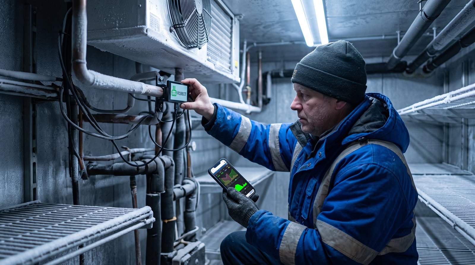 A technician fitting an R1BBIT device to a pipe in a walk-in cold room