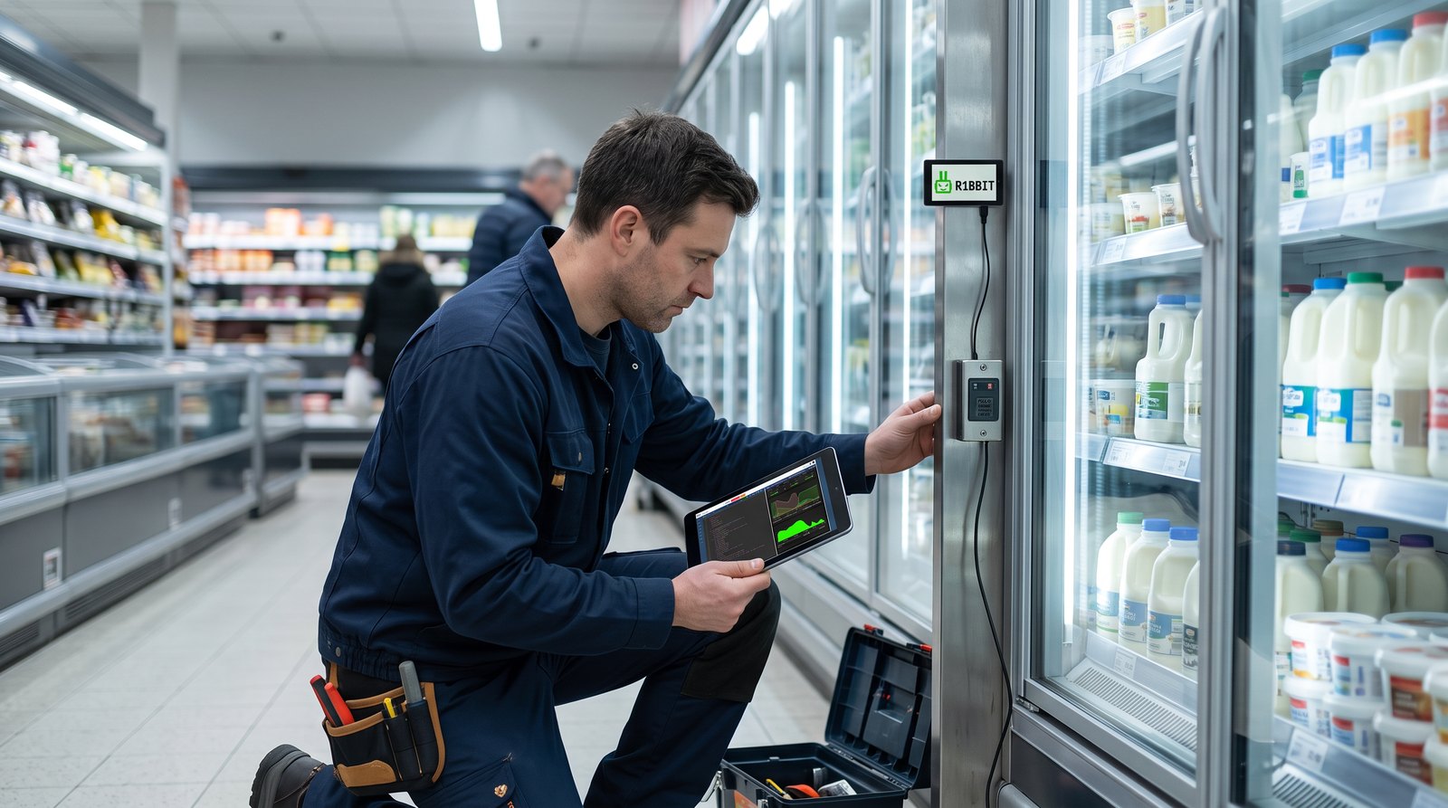 A service engineer checking a refrigeration cabinet with the R1BBIT dashboard on a tablet