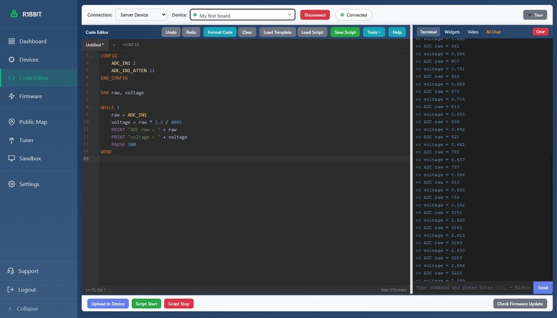 The terminal with live output from the board