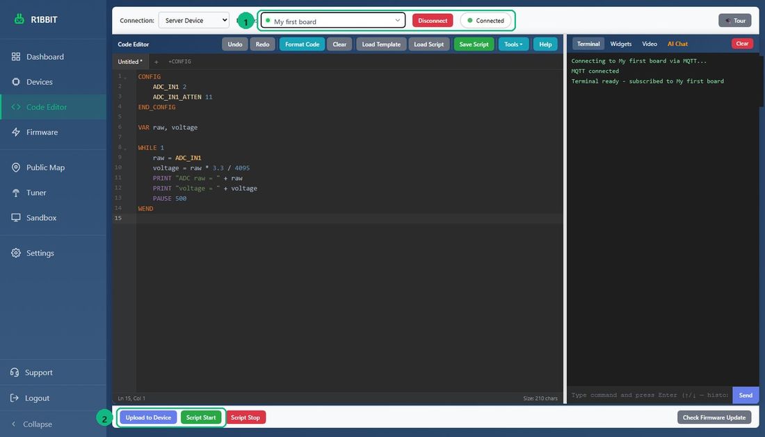 1 — choose the board and connect, 2 — send the script and start it