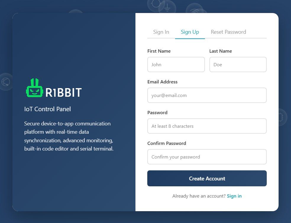 cloud.r1bbit.com — the Sign Up tab
